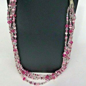Vintage Pink Opera Length Multi-Strand Glass Bead Necklace Silver Tone